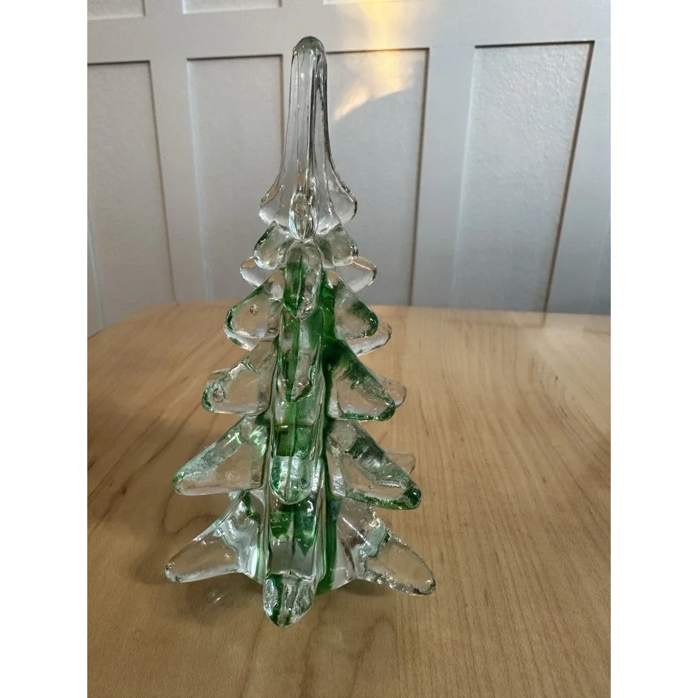 Vintage Glass Christmas Tree Green Ribbon Swirl Art Glass Taiwan